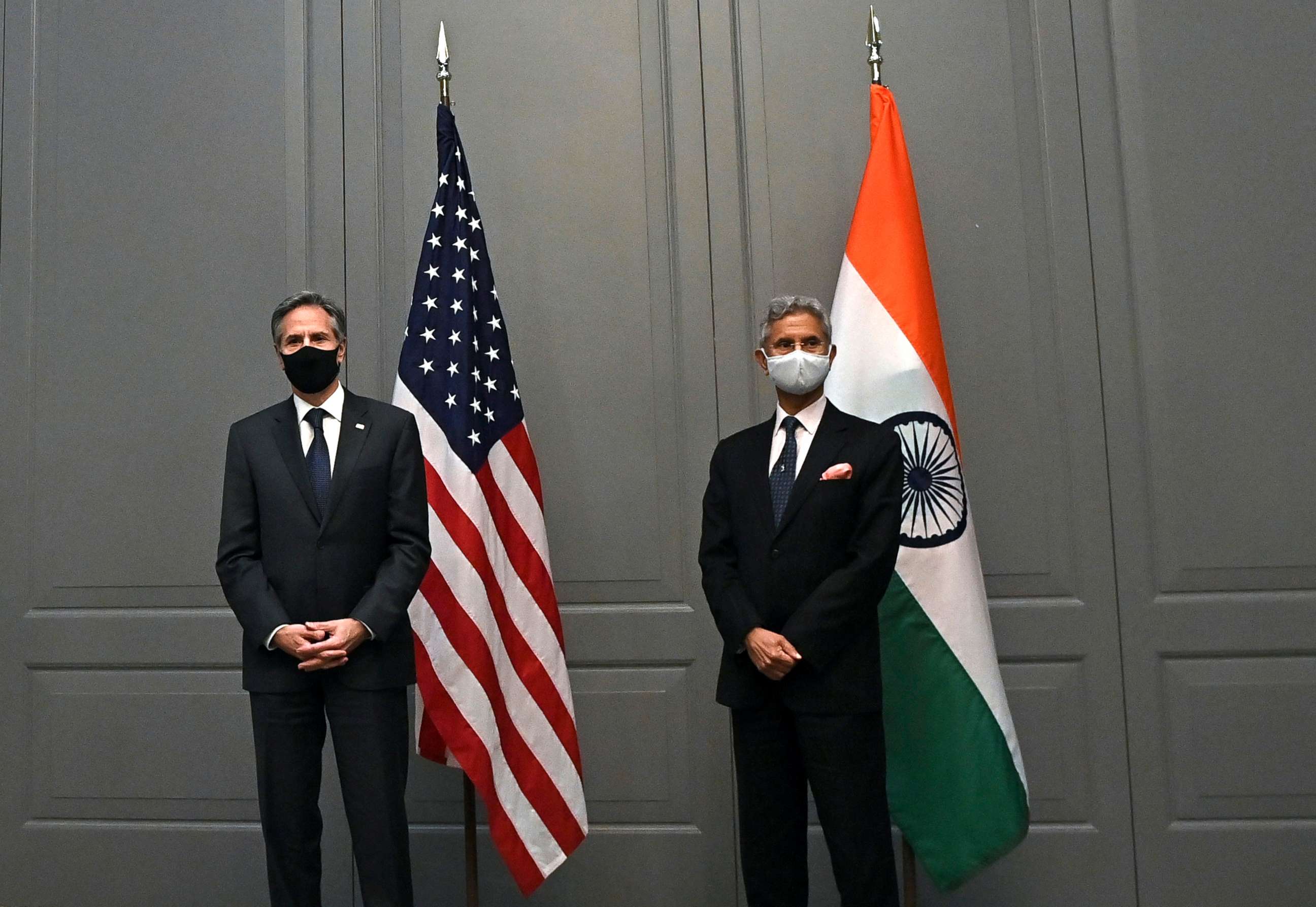 PHOTO: Secretary of State Antony Blinken, left, attends a press conference with India's Foreign Minister Subrahmanyam Jaishankar following a bilateral meeting in London, May 3, 2021. 