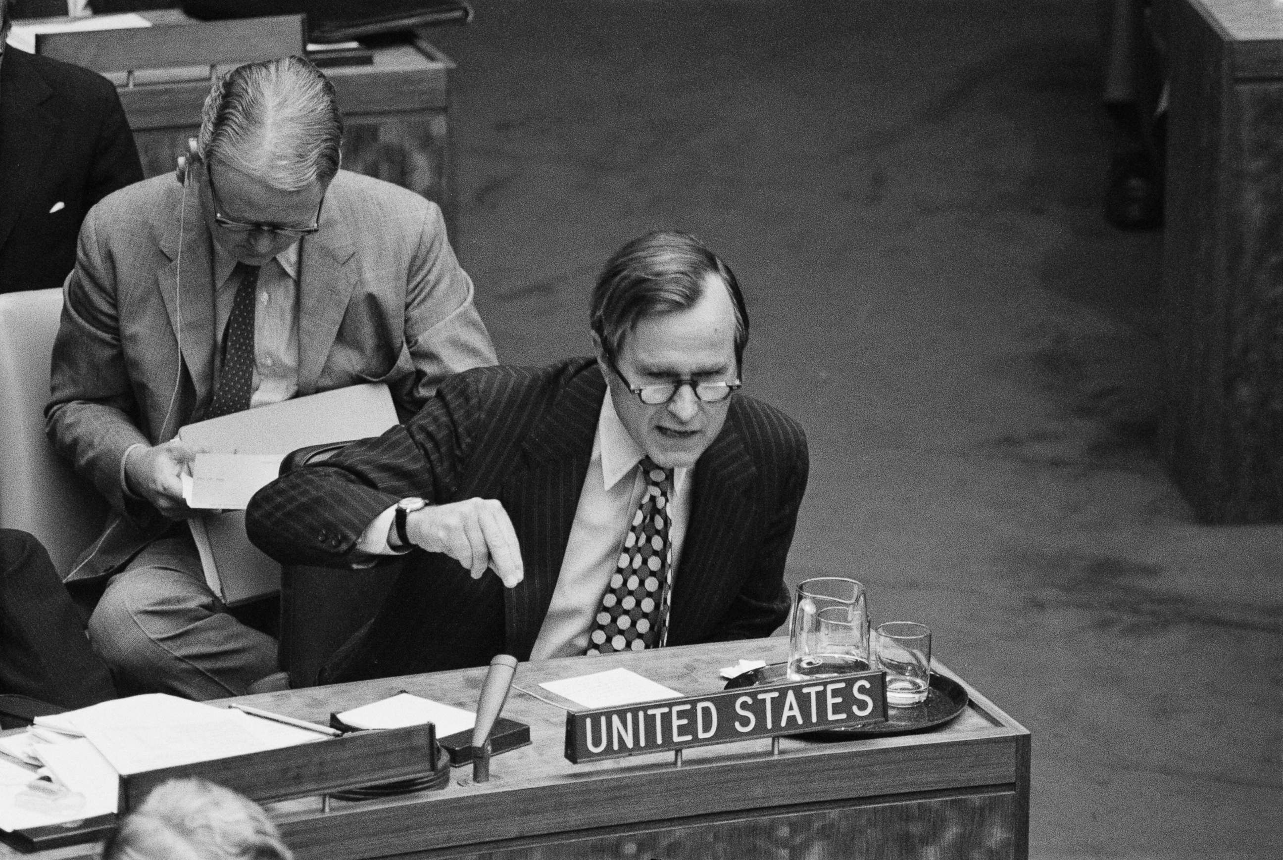 PHOTO: Amb. George Bush drives home a point during a meeting at the U.N. urging that the 25-nation steering committee recommend debate of global terrorism in the General Assembly, Sept. 22, 1972.