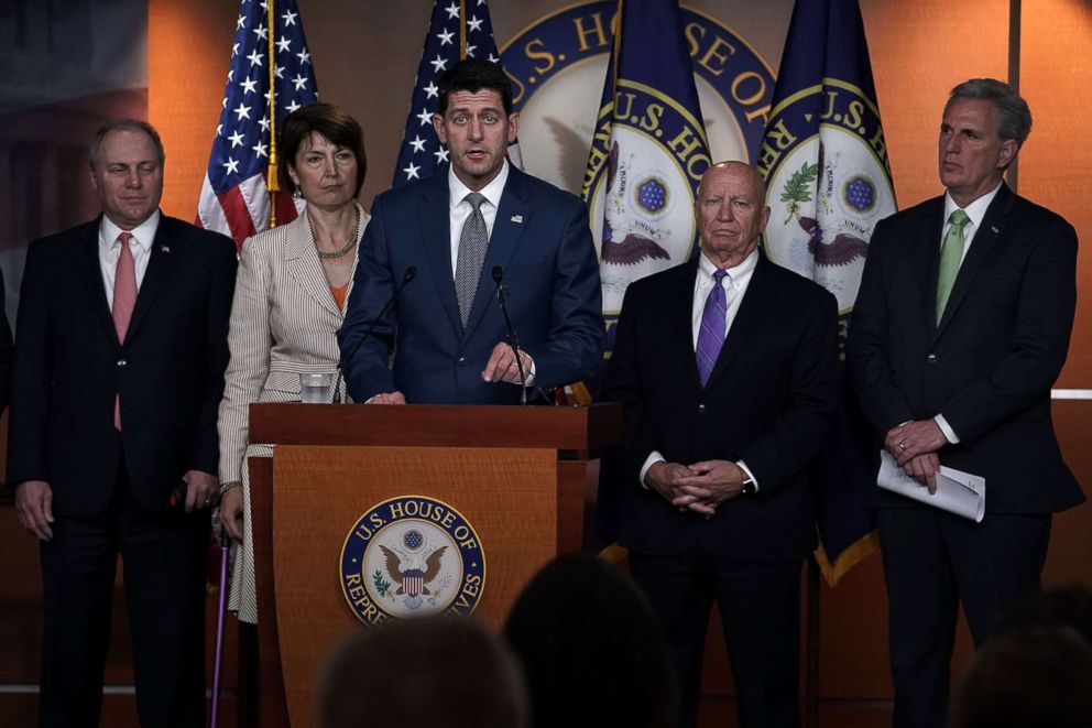 PHOTO: Speaker of the House Rep. Paul Ryan, speaks as other G.O.P. leadership listen during a news conference on June 20, 2018 in Washington.