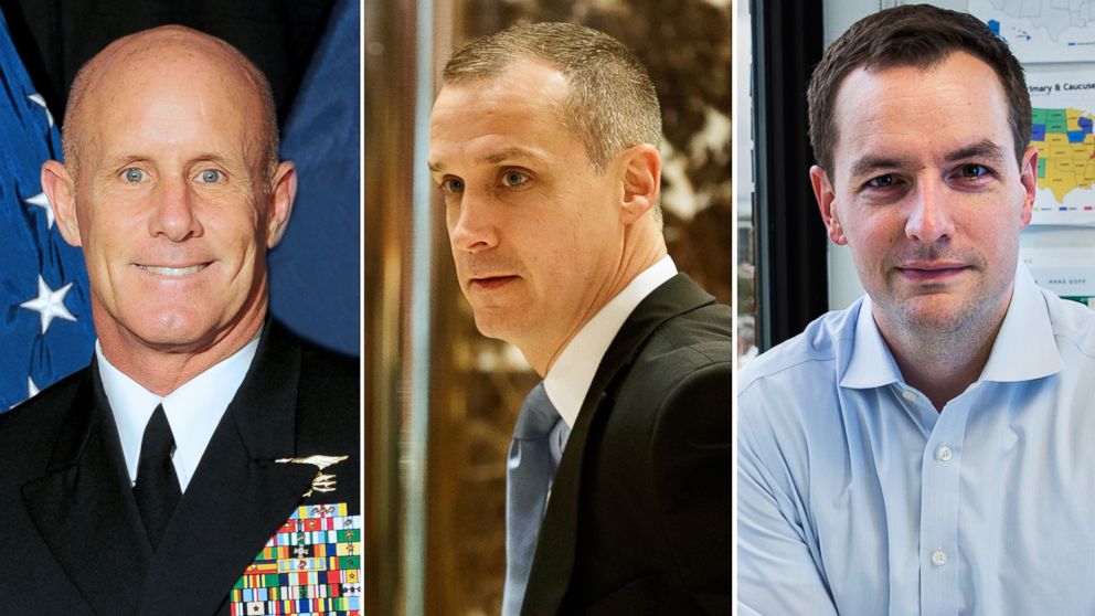 (L-R) Pictured are Ret. Navy Admiral Robert Harward in an undated U.S. Navy photo obtained Feb. 17, 2017, Corey Lewandowski in New York, Nov. 29, 2016 and Robby Mook in Brooklyn, New York, June 28, 2016.