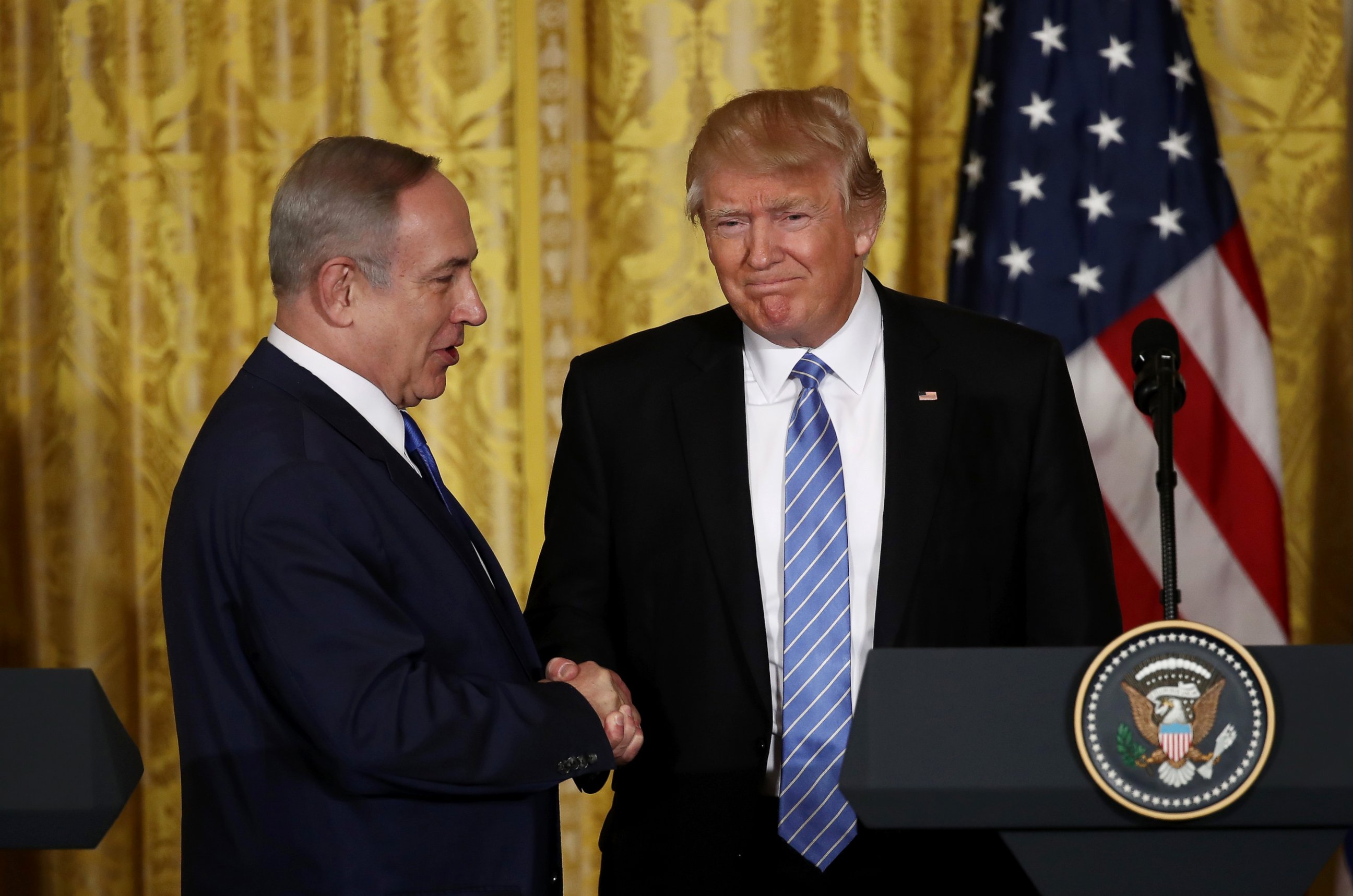 PHOTO: Israel Prime Minister Benjamin Netanyahu and President Donald Trump shake hands during a joint news conference at the East Room of the White House, Feb. 15, 2017, in Washington.