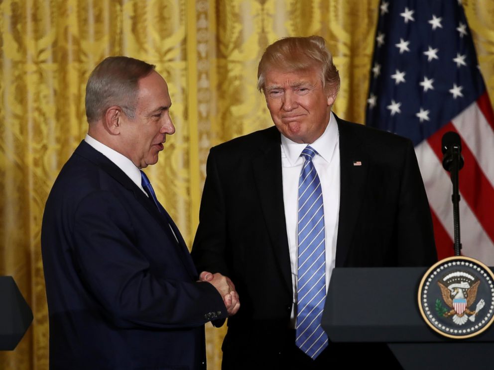 PHOTO: Israel Prime Minister Benjamin Netanyahu and President Donald Trump shake hands during a joint news conference at the East Room of the White House, Feb. 15, 2017, in Washington.