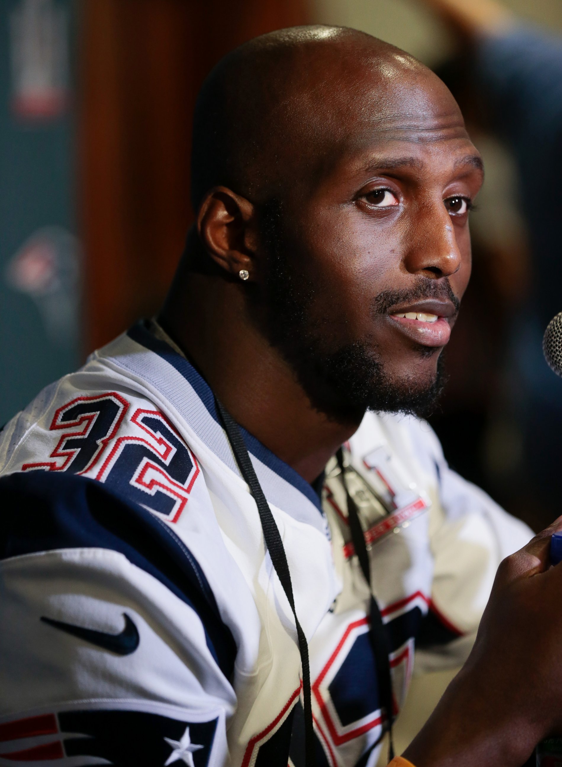 PHOTO: New England Patriots Devin McCourty answers questions during Super Bowl LI media availability, Feb. 2, 2017, in Houston.