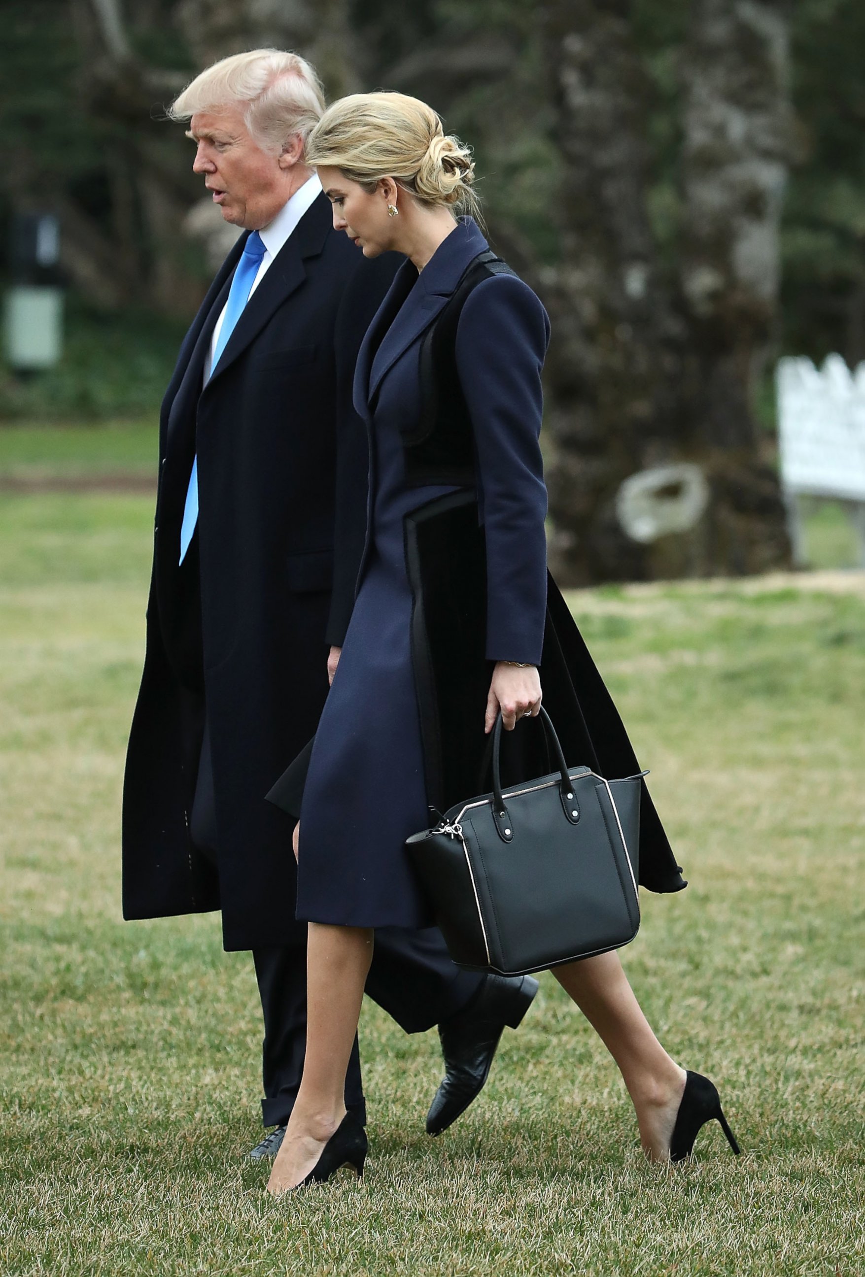 PHOTO: President Donald Trump and his daughter Ivanka Trump walk toward Marine One while departing from the White House, on Feb. 1, 2017, in Washington. 