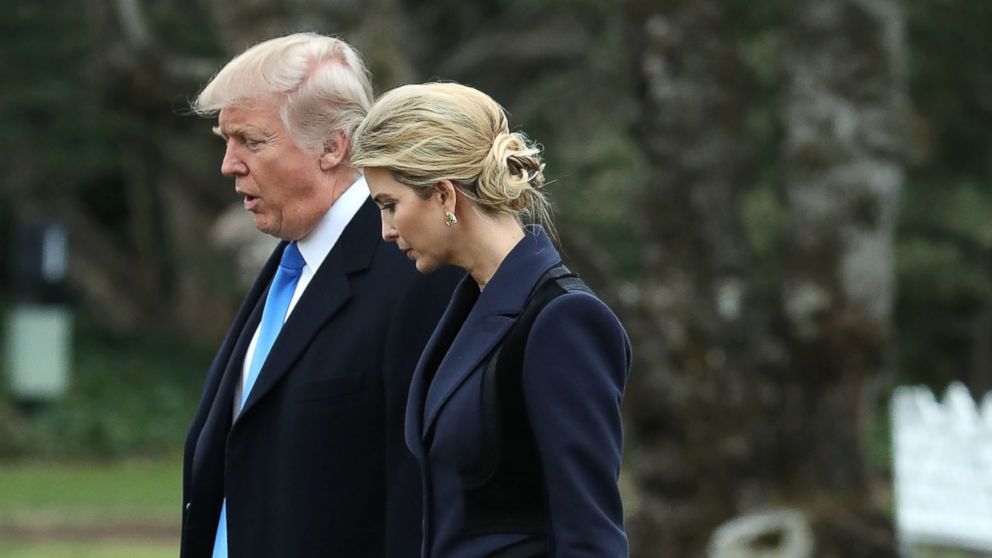 PHOTO: President Donald Trump and his daughter Ivanka Trump walk toward Marine One while departing from the White House, on Feb. 1, 2017, in Washington. 
