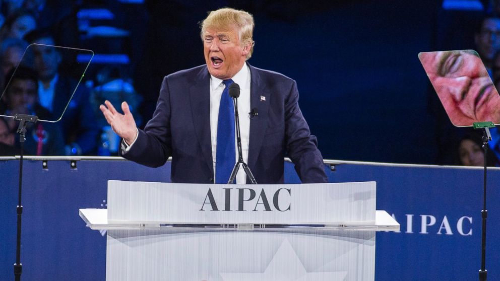 Republican presidential candidate Donald Trump addresses the annual policy conference of the American Israel Public Affairs Committee (AIPAC), March 21, 2016, in Washington.