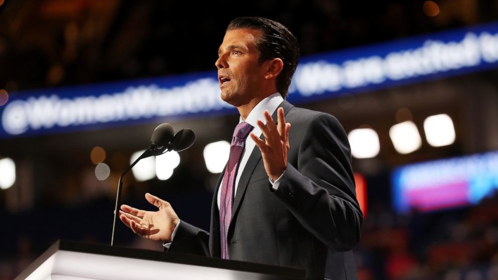 Donald Trump Jr. delivers a speech on the second day of the Republican National Convention, on July 19, 2016, at the Quicken Loans Arena in Cleveland, Ohio.