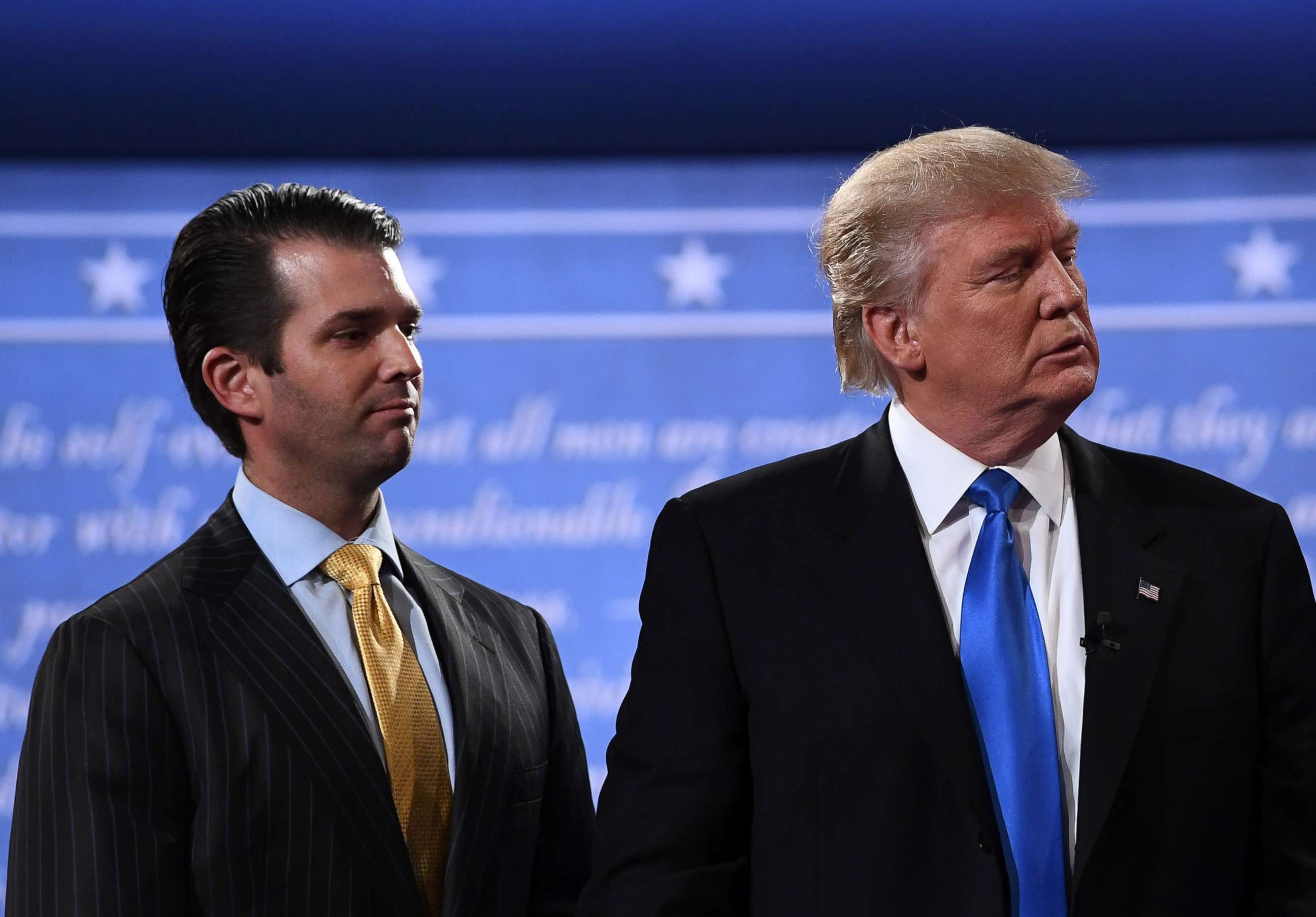 PHOTO: Donald Trump, right, standing with his son Donald Trump Jr. after the first presidential debate at Hofstra University in Hempstead, N.Y., July 10, 2017.