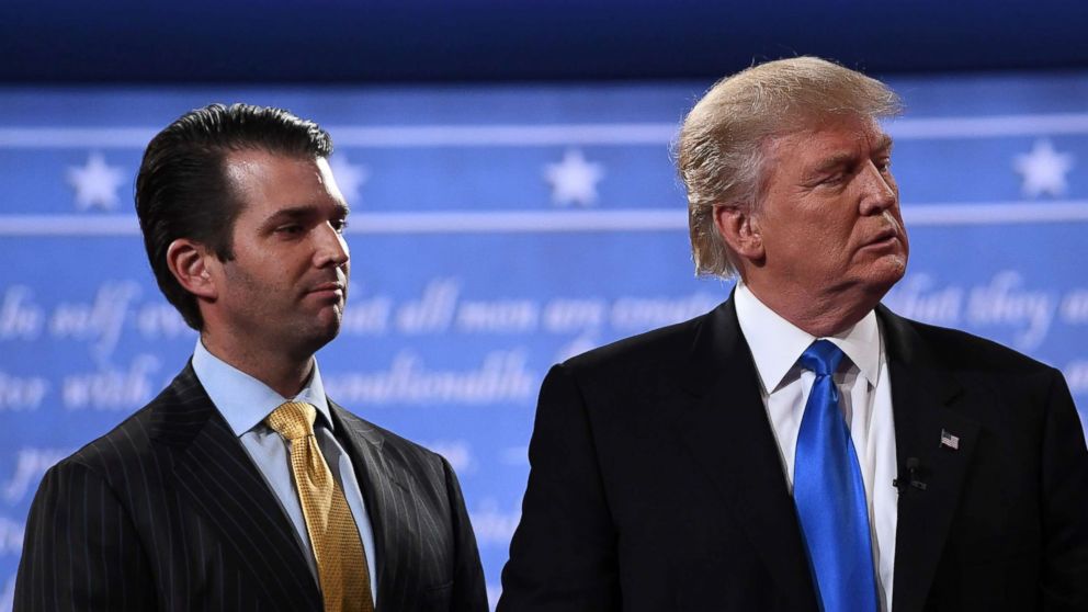 PHOTO: Donald Trump, right, standing with his son Donald Trump Jr. after the first presidential debate at Hofstra University in Hempstead, N.Y., July 10, 2017.