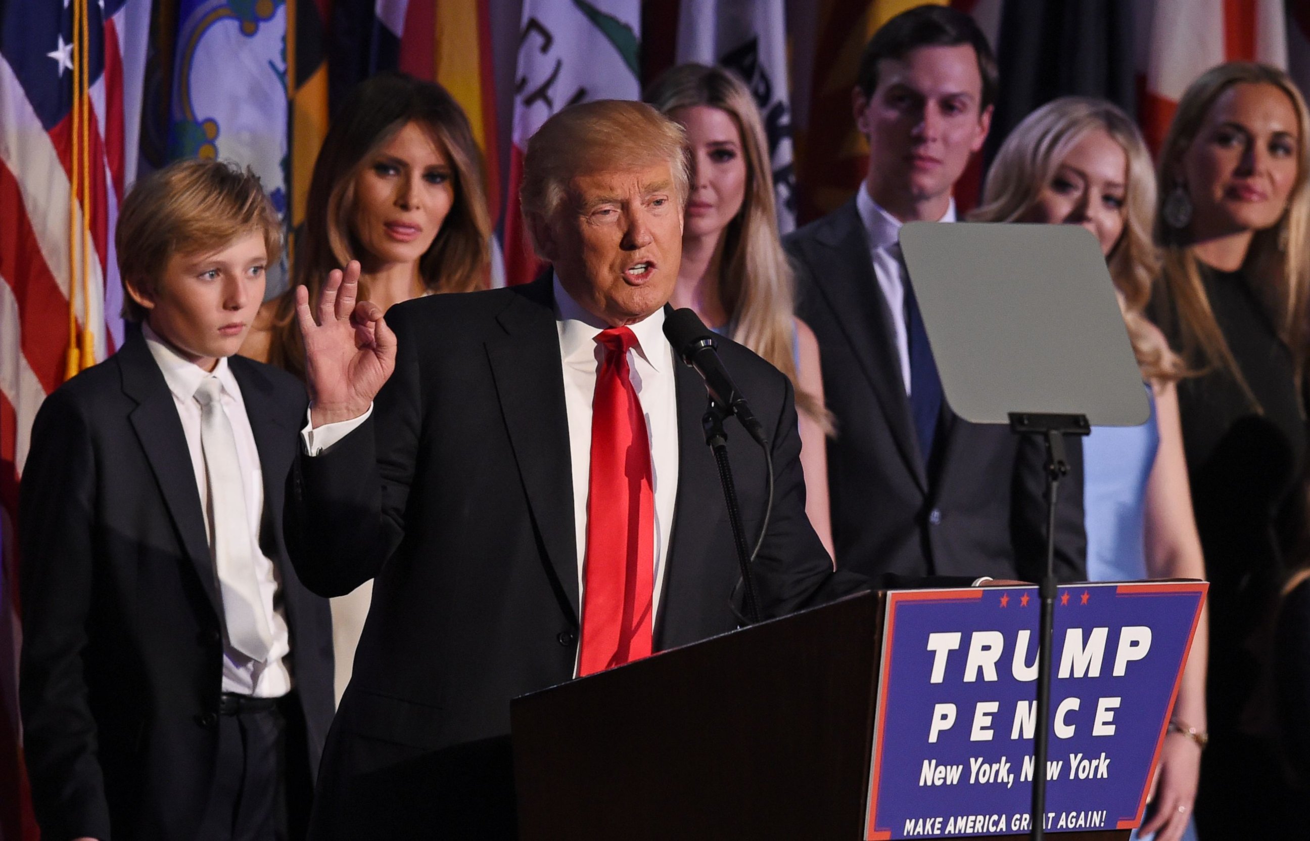 PHOTO: Republican presidential nominee Donald Trump arrives on stage with his family to speak to supporters during election night at the New York Hilton Midtown in New York on Nov. 9, 2016. 
