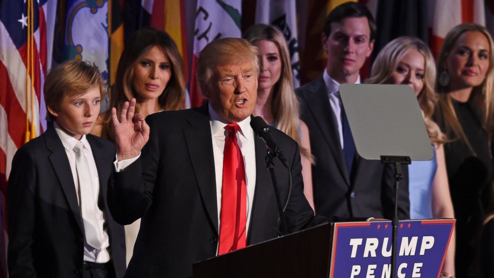 Republican presidential nominee Donald Trump arrives on stage with his family to speak to supporters during election night at the New York Hilton Midtown in New York on Nov. 9, 2016. 
Trump won the US presidency. / AFP PHOTO / Timothy A. CLARYTIMOTHY A. CLARY/AFP/Getty Images