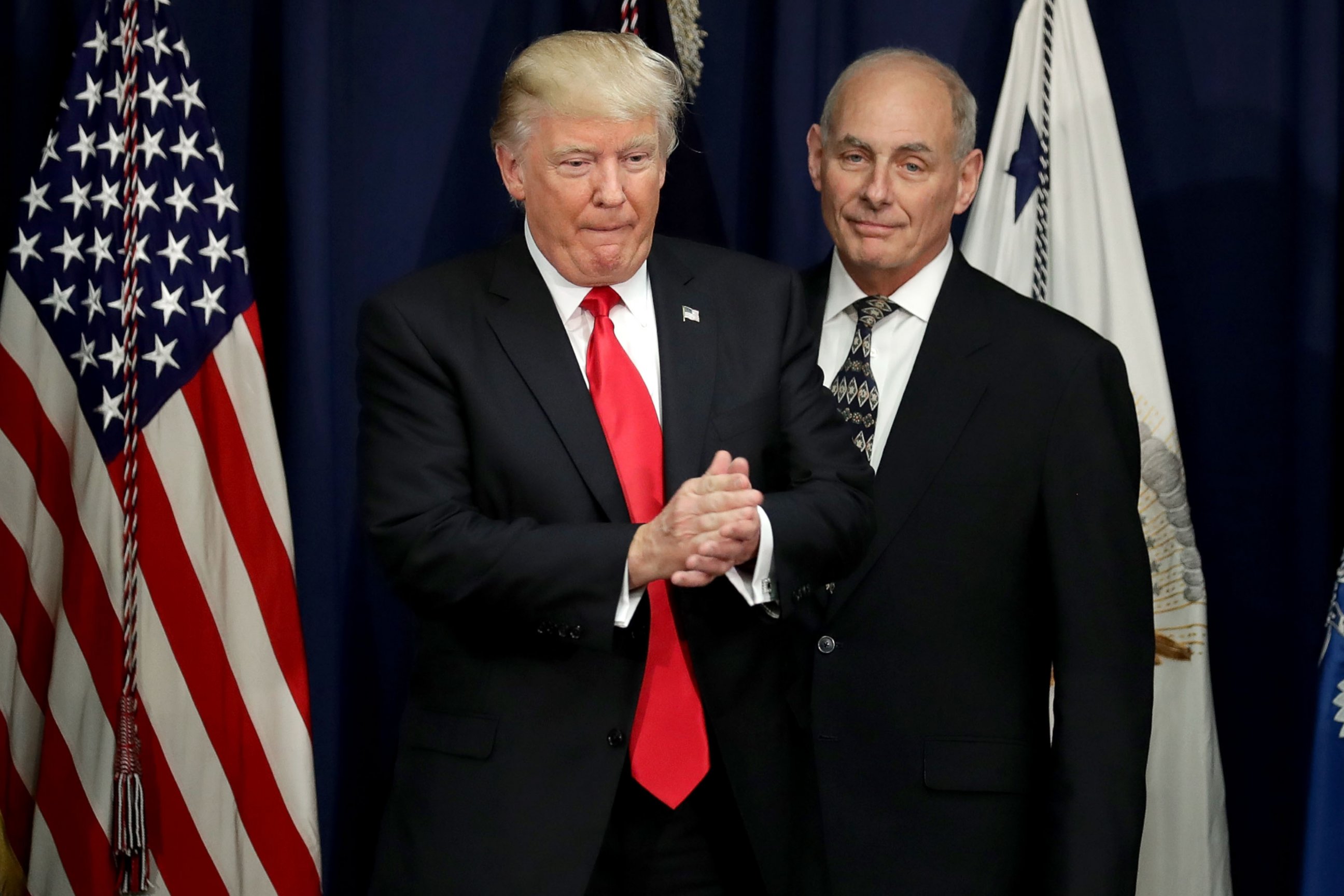 PHOTO: President Donald Trump is joined by Homeland Security Secretary John Kelly, right, during a visit to the Department of Homeland Security January 25, 2017 in Washington, DC. 