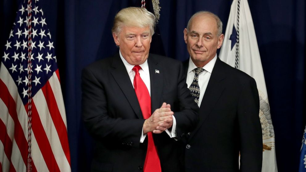 PHOTO: President Donald Trump is joined by Homeland Security Secretary John Kelly, right, during a visit to the Department of Homeland Security January 25, 2017 in Washington, DC. 
