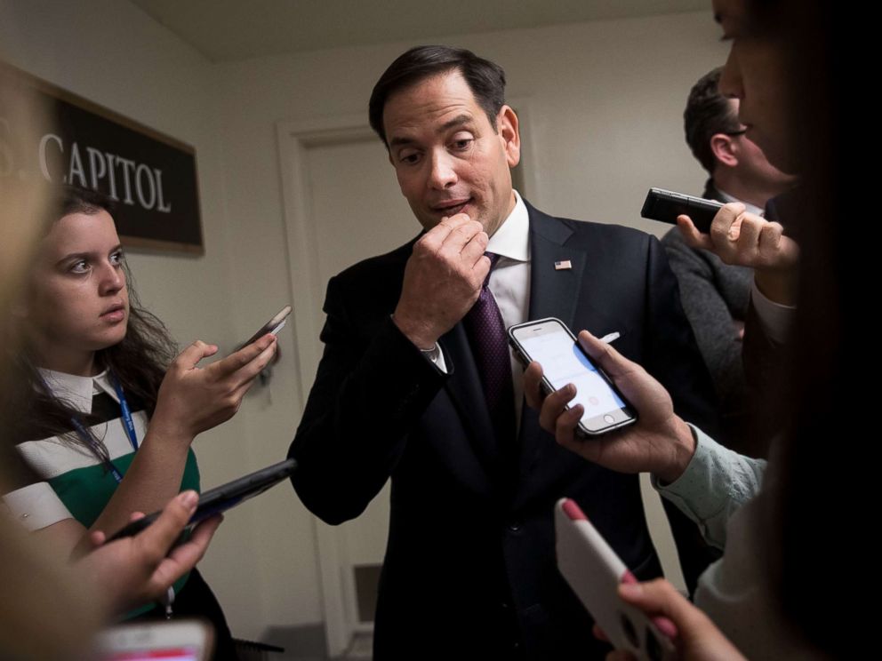 PHOTO: Sen. Marco Rubio (R-FL) speaks to reporters on his way to a closed-door Senate GOP conference meeting on Capitol Hill, June 27, 2017 in Washington, DC.