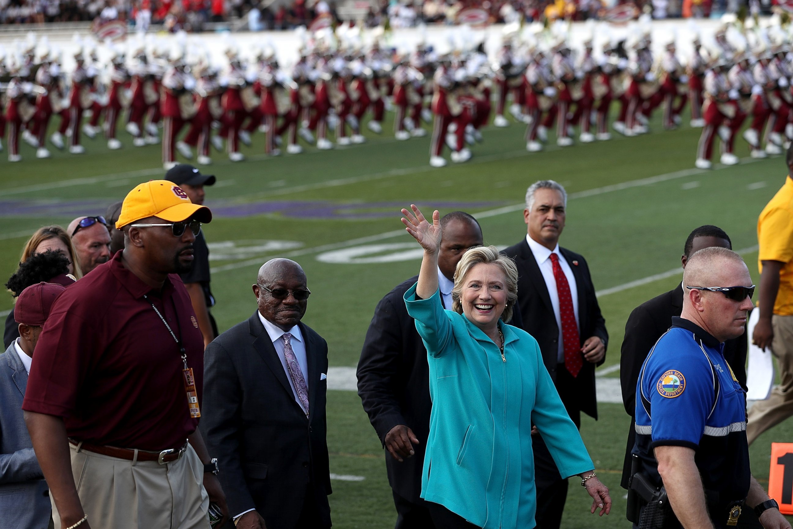 PHOTO: Democratic presidential nominee former Secretary of State Hillary Clinton greets attendees during a tailgate party at Bethune-Cookman University on Oct. 29, 2016 in Daytona Beach, Florida. 