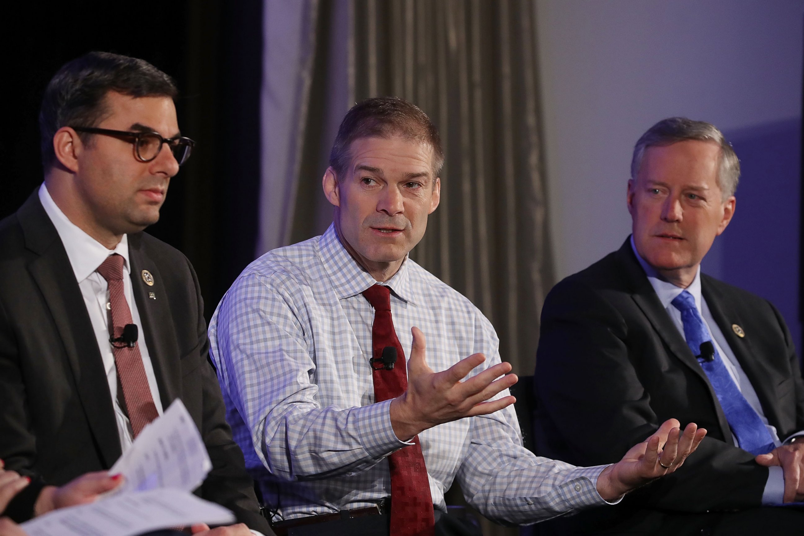 PHOTO: Members of the House Freedom Caucus, (L-R) Rep. Justin Amash (R-MI), Rep. Jim Jordan (R-OH) and Chairman Mark Meadows (R-NC) participate in a Politico Playbook Breakfast interview at the W Hotel, on April 6, 2017, in Washington.