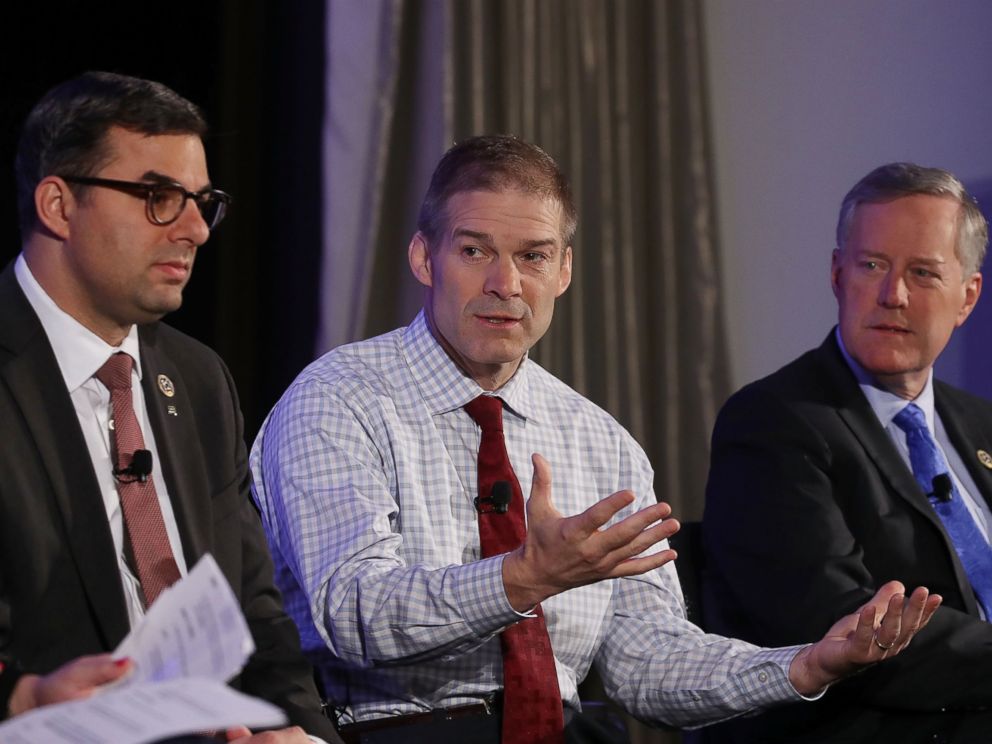 PHOTO: Members of the House Freedom Caucus, (L-R) Rep. Justin Amash (R-MI), Rep. Jim Jordan (R-OH) and Chairman Mark Meadows (R-NC) participate in a Politico Playbook Breakfast interview at the W Hotel, on April 6, 2017, in Washington.