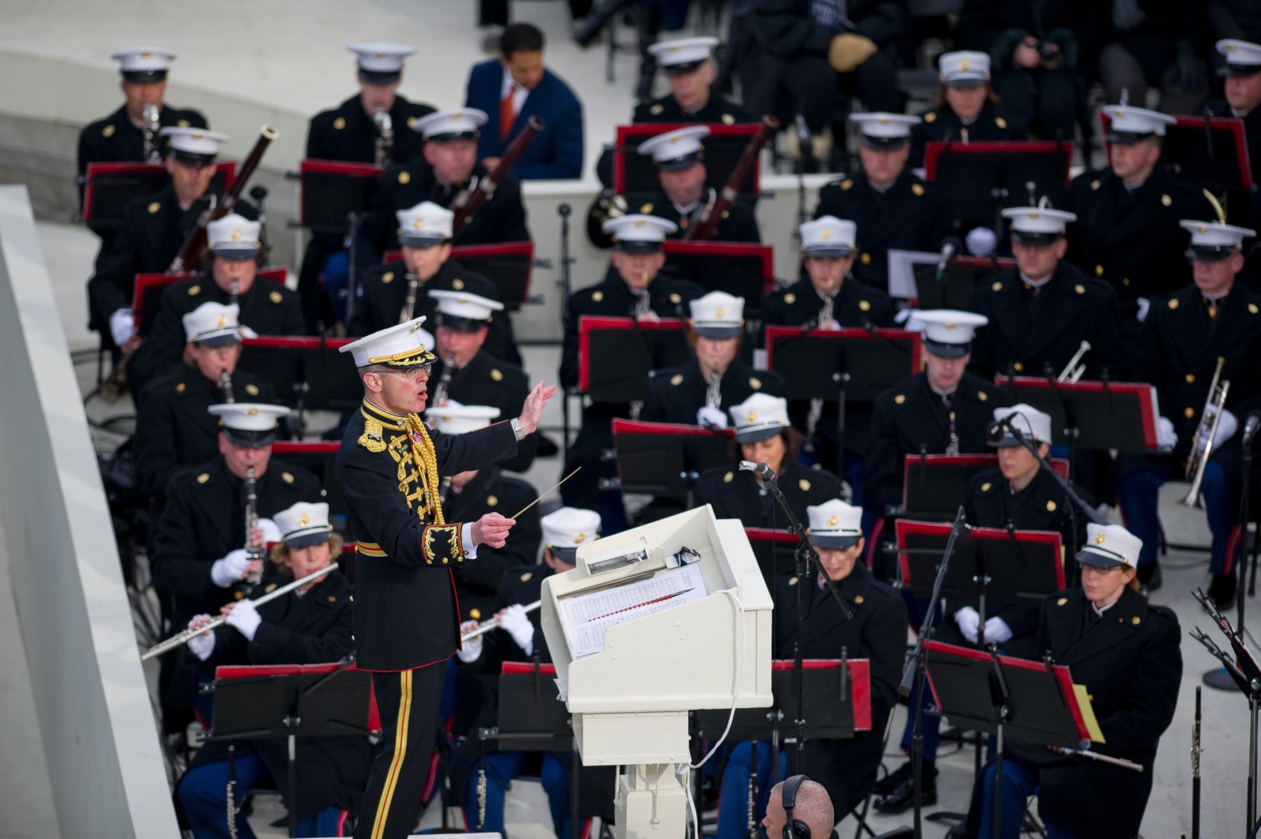 PHOTO: United States Marine Band Director, Col. Michael Colburn, prepares for the 57th Presidential Inauguration at the U.S. Capitol's West Front, on Jan. 21, 2013, in Washington.