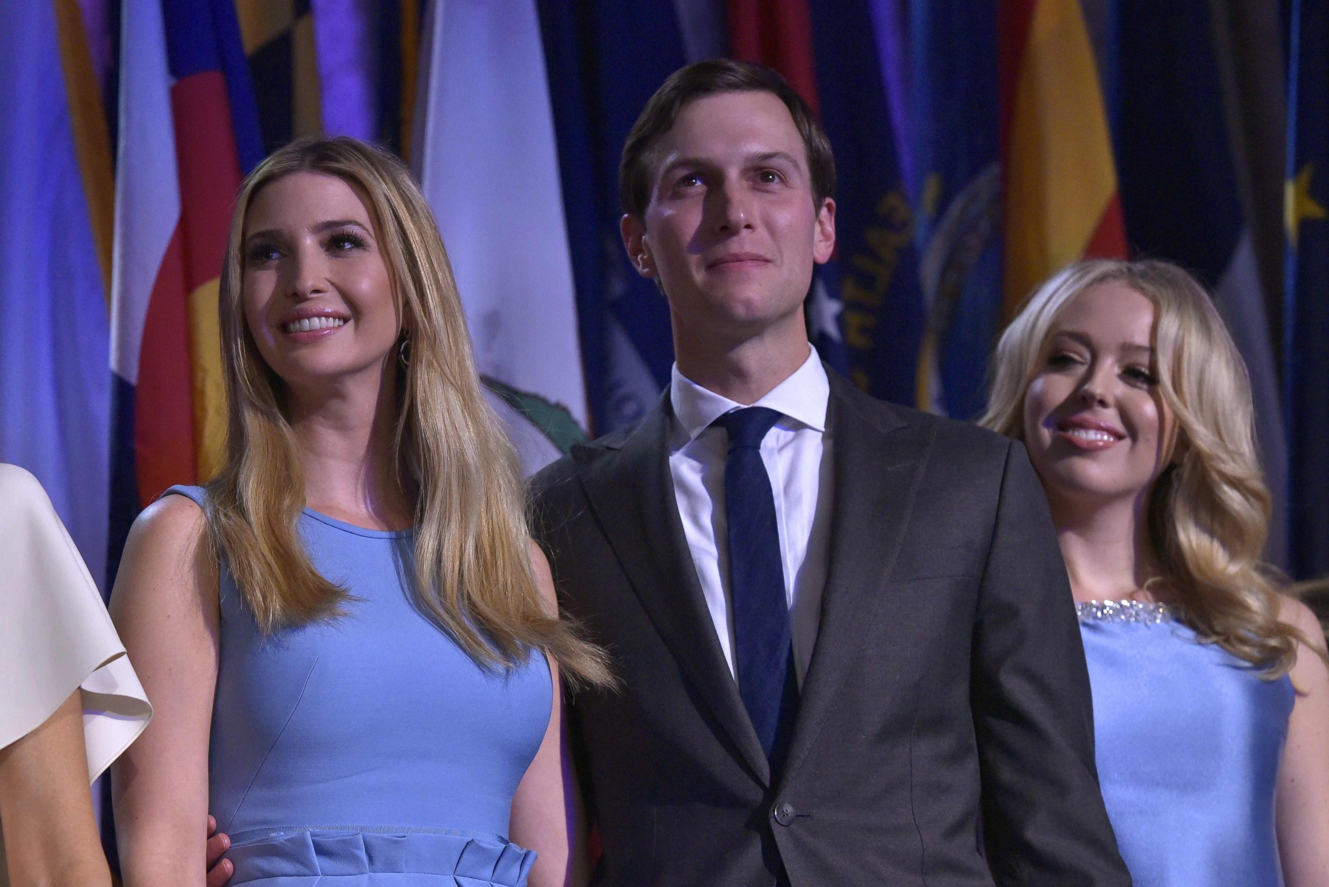 PHOTO: Ivanka Trump, her husband Jared Kushner and Tiffany Trump smile as Republican presidential elect Donald Trump speaks during election night at the New York Hilton Midtown in New York City, Nov. 9, 2016. 