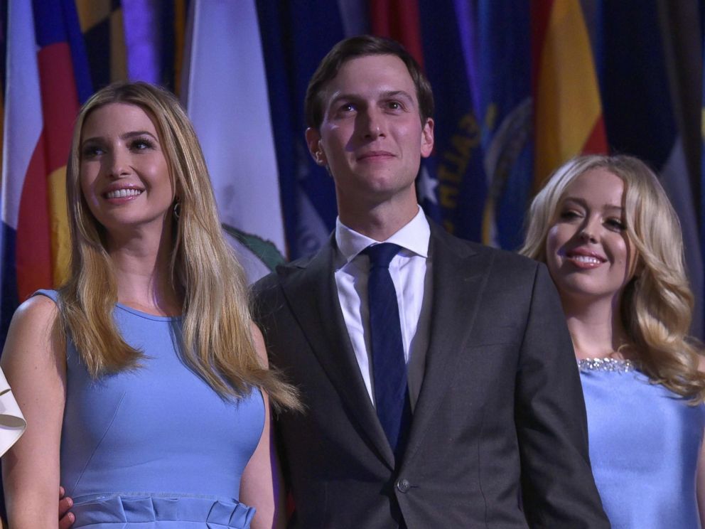 PHOTO: Ivanka Trump, her husband Jared Kushner and Tiffany Trump smile as Republican presidential elect Donald Trump speaks during election night at the New York Hilton Midtown in New York City, Nov. 9, 2016.