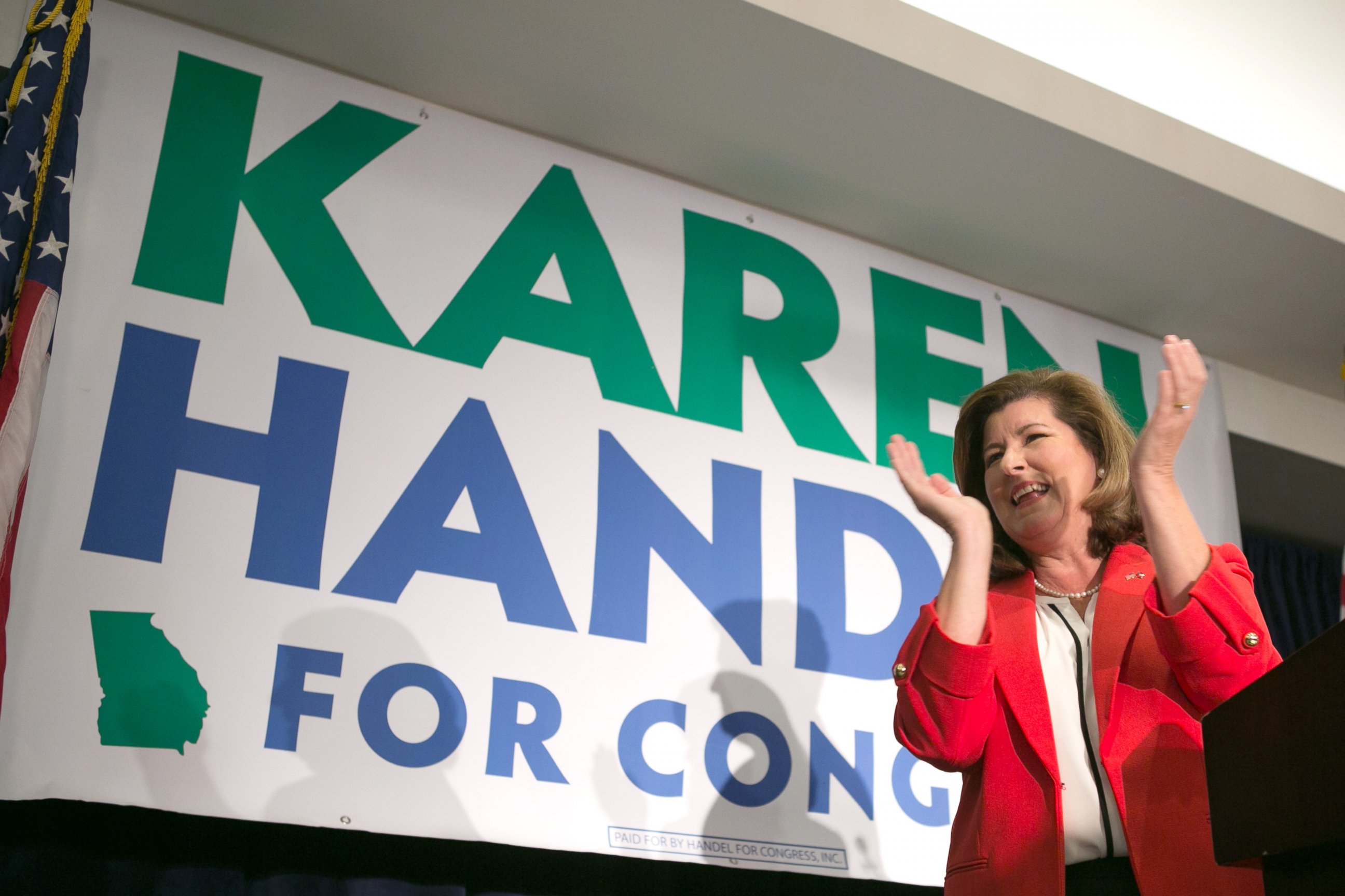 PHOTO: Georgia's 6th Congressional district Republican candidate, Karen Handel, gives a victory speech to supporters gathered at the Hyatt Regency at Villa Christina, on June 20, 2017, in Atlanta.