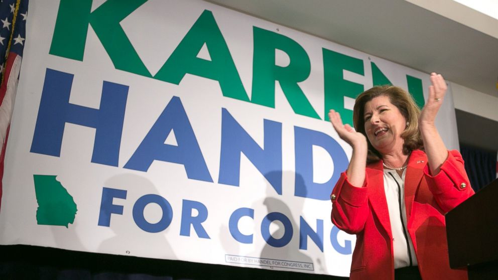PHOTO: Georgia's 6th Congressional district Republican candidate, Karen Handel, gives a victory speech to supporters gathered at the Hyatt Regency at Villa Christina, on June 20, 2017, in Atlanta.