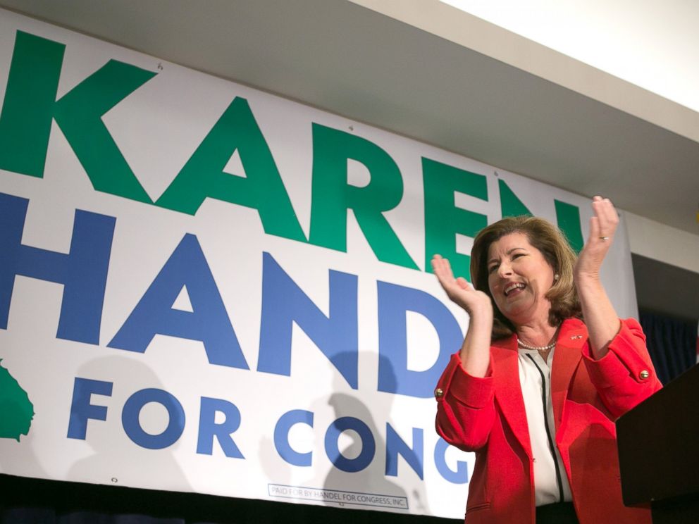 PHOTO: Georgias 6th Congressional district Republican candidate, Karen Handel, gives a victory speech to supporters gathered at the Hyatt Regency at Villa Christina, on June 20, 2017, in Atlanta.