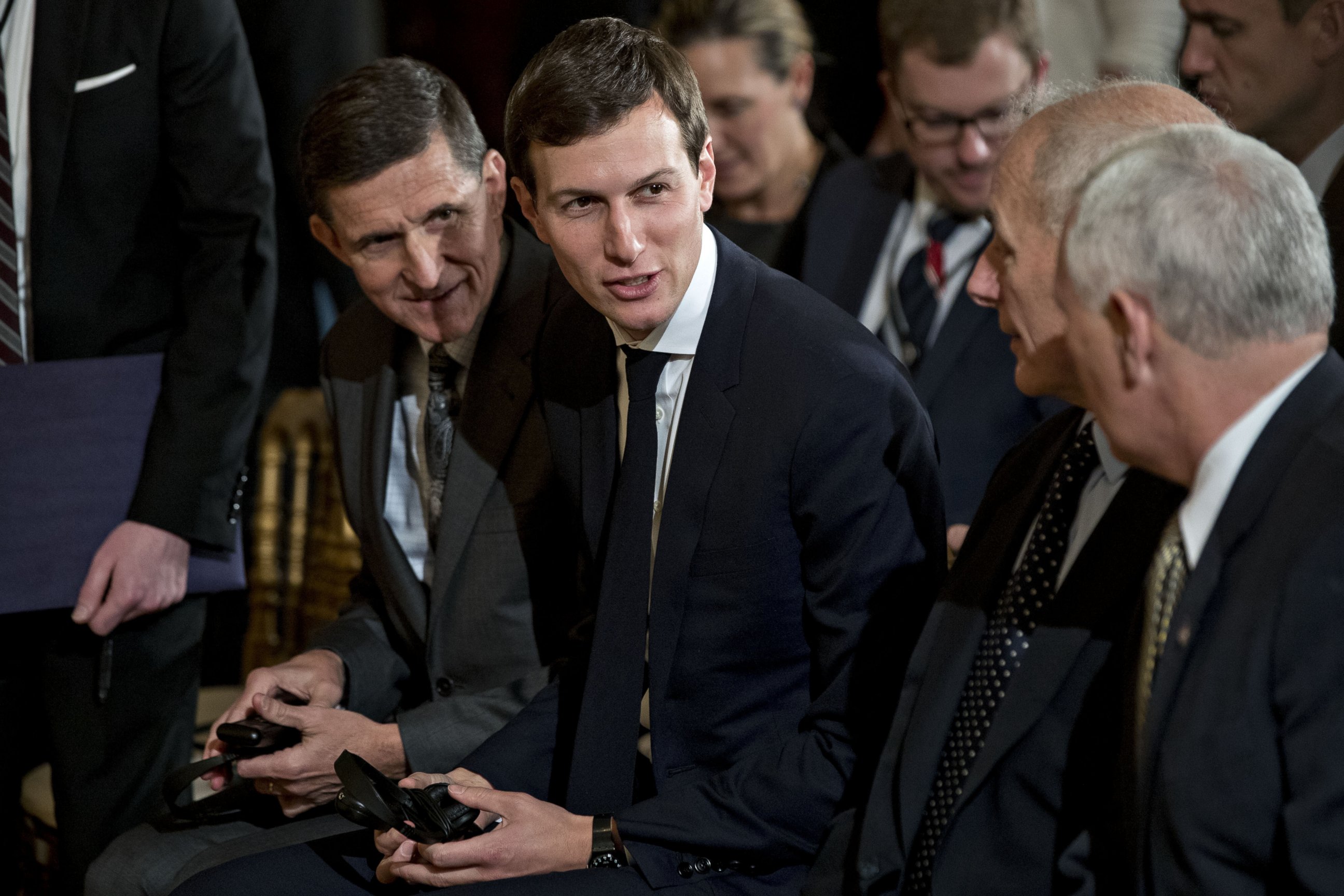 PHOTO: General Michael Flynn, U.S. national security advisor, from left, and Jared Kushner, senior White House adviser, speak with John Kelly, secretary of U.S. Homeland Security, and U.S. Vice President Mike Pence, in Washington, on Feb. 13, 2017.
