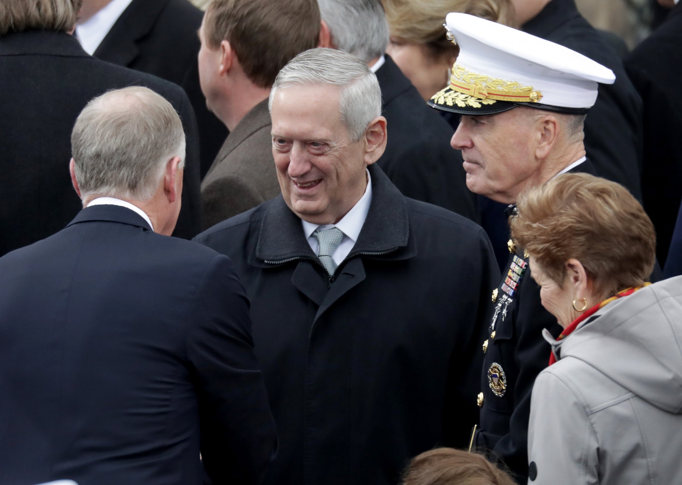 PHOTO: Donald Trump's Defense Secretary Gen. James Mattis (C) arrives on the West Front of the U.S. Capitol on January 20, 2017 in Washington, DC. He was the first Trump Cabinet nominee confirmed by the Senate today, with a 98-1 vote.