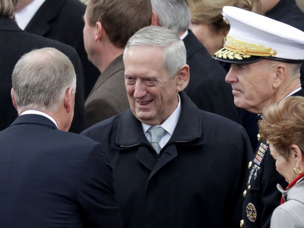 PHOTO: Donald Trumps Defense Secretary Gen. James Mattis (C) arrives on the West Front of the U.S. Capitol on January 20, 2017 in Washington, DC. He was the first Trump Cabinet nominee confirmed by the Senate today, with a 98-1 vote.