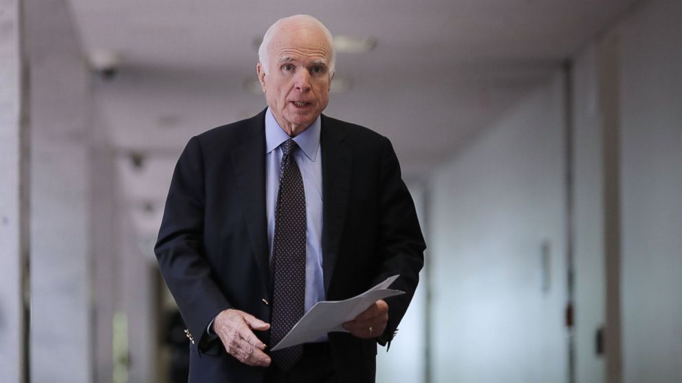 Senate Intelligence Committee member Sen. John McCain (R-AZ) heads into a closed-door committee meeting with Director of National Intelligence Dan Coats in the Hart Senate Office Building, June 15, 2017, in Washington.
