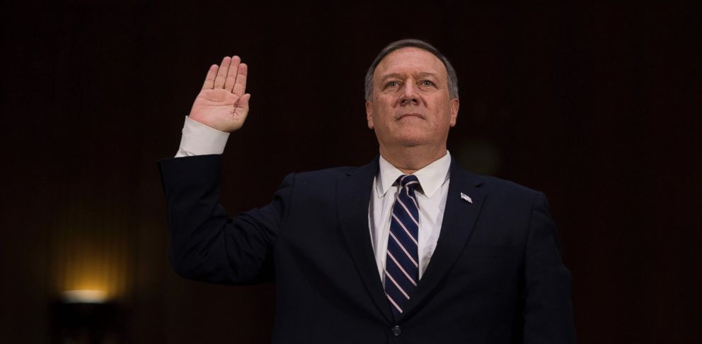 PHOTO: US Congressman Mike Pompeo, R-Kansas, is sworn in before testifying before the Senate (Select) Intelligence Committee on Capitol Hill in Washington, Jan. 12, 2017, on his nomination to be director of the Central Intelligence Agency (CIA).