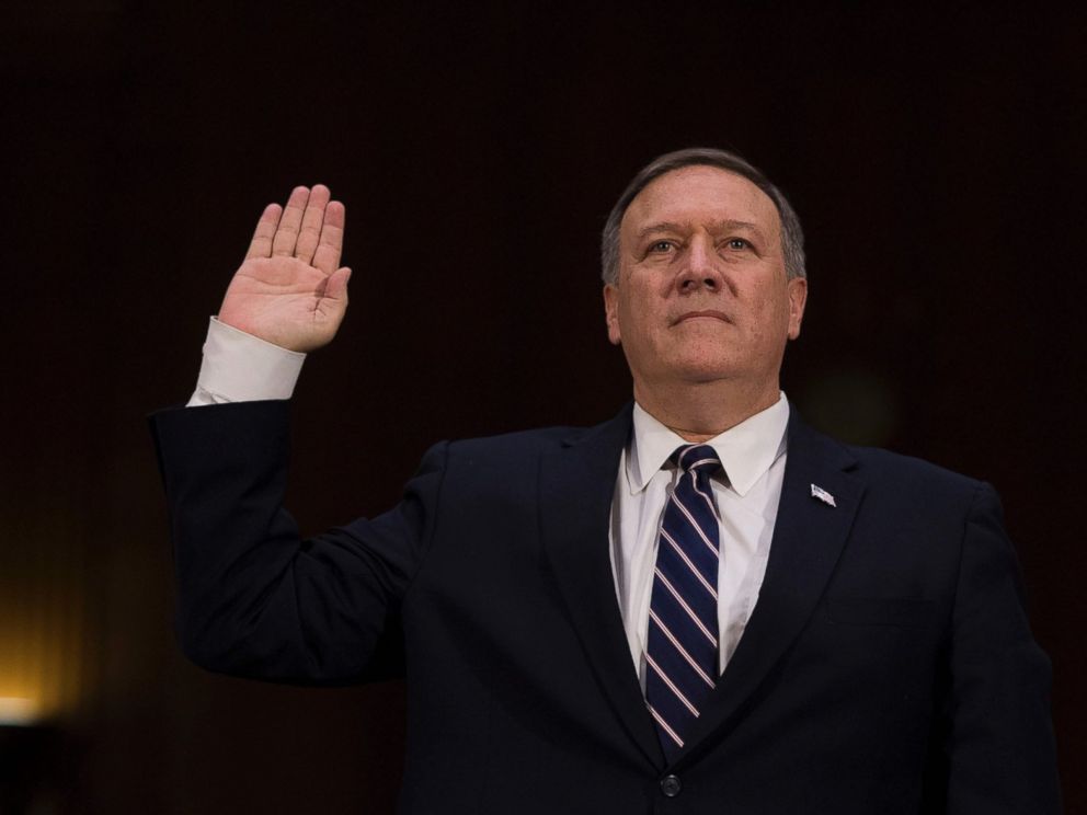 PHOTO: US Congressman Mike Pompeo, R-Kansas, is sworn in before testifying before the Senate (Select) Intelligence Committee on Capitol Hill in Washington, Jan. 12, 2017, on his nomination to be director of the Central Intelligence Agency (CIA).