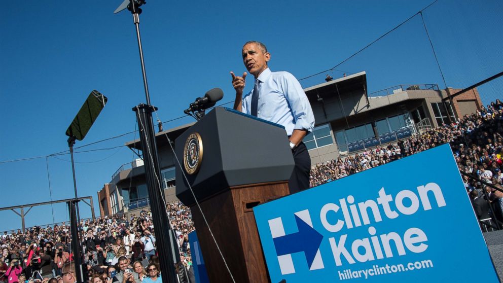 U.S. President Barack Obama speaks at a rally for Democratic presidential nominee Hillary Clinton in Ann Arbor, Michigan, on Nov. 7, 2016.