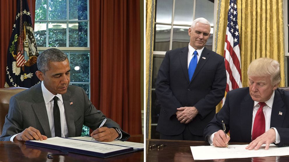 PHOTO:President Obama in the Oval office, July 2015.  President Trump in the Oval office, January 2017. 