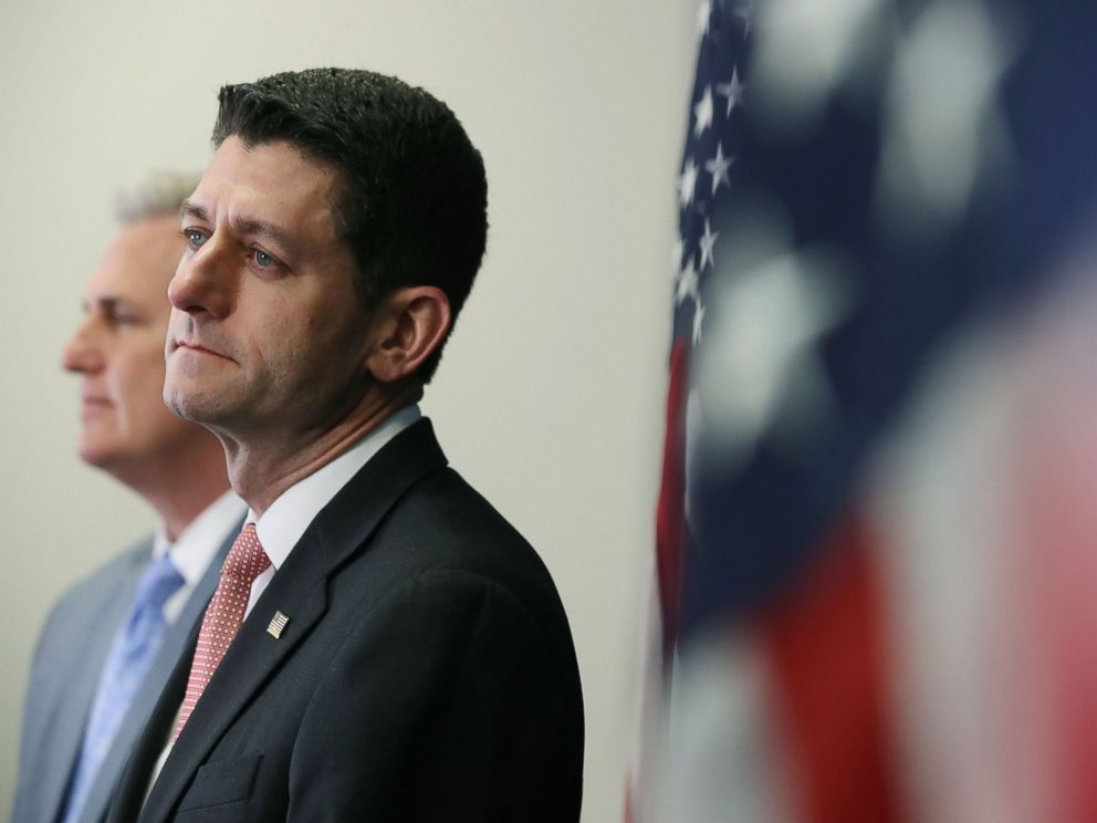 PHOTO: House Speaker Paul Ryan (R-WI) (R), and House Majority Leader Kevin McCarthy (R-CA), listen to questions during a media briefing after attending a closed House Republican conference, on Capitol Hill, on March 28, 2017, in Washington. 