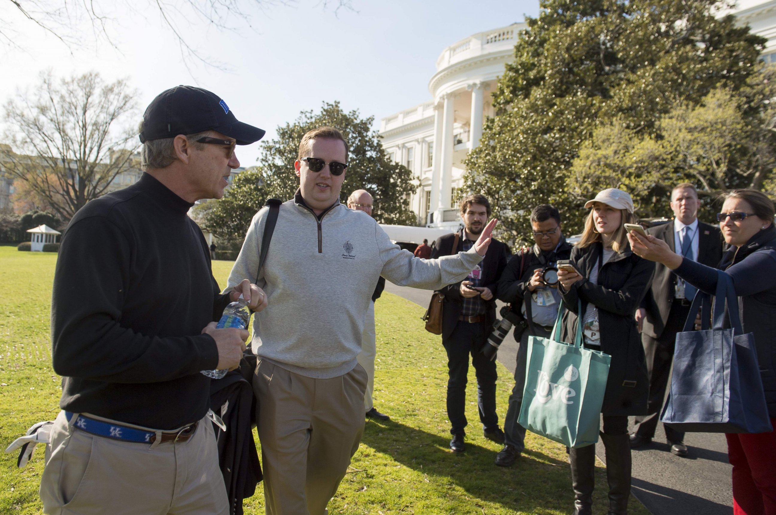 PHOTO: U.S. Senator Rand Paul (L), Republican of Kentucky, speaks to the media after arriving back at the White House in Washington, on April 2, 2017, after playing golf with U.S. President Donald Trump. 