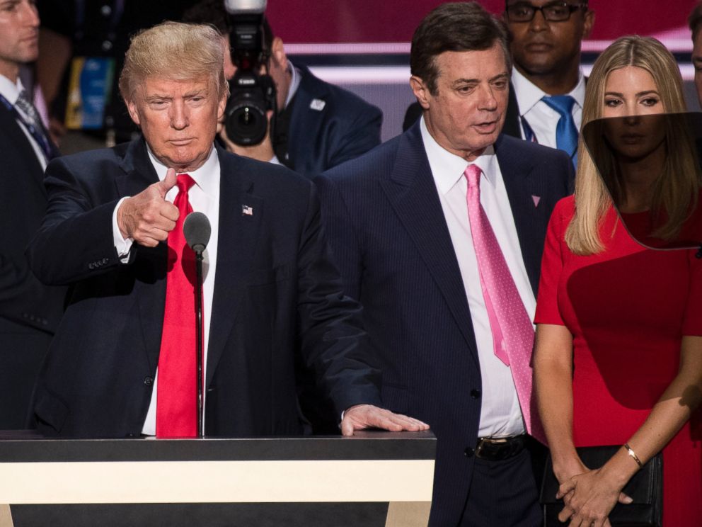 PHOTO: Donald Trump, flanked by campaign manager Paul Manafort and daughter Ivanka, checks the podium in preparation for accepting the GOP nomination at the 2016 Republican National Convention in Cleveland, Ohio, July 20, 2016.