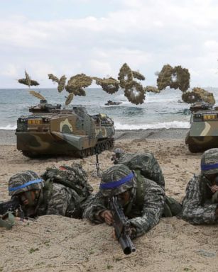 PHOTO: South Korean marines participate in landing operation referred to as Foal Eagle joint military exercise with U.S. troops Pohang seashore, on April 2, 2017, in Pohang, South Korea.