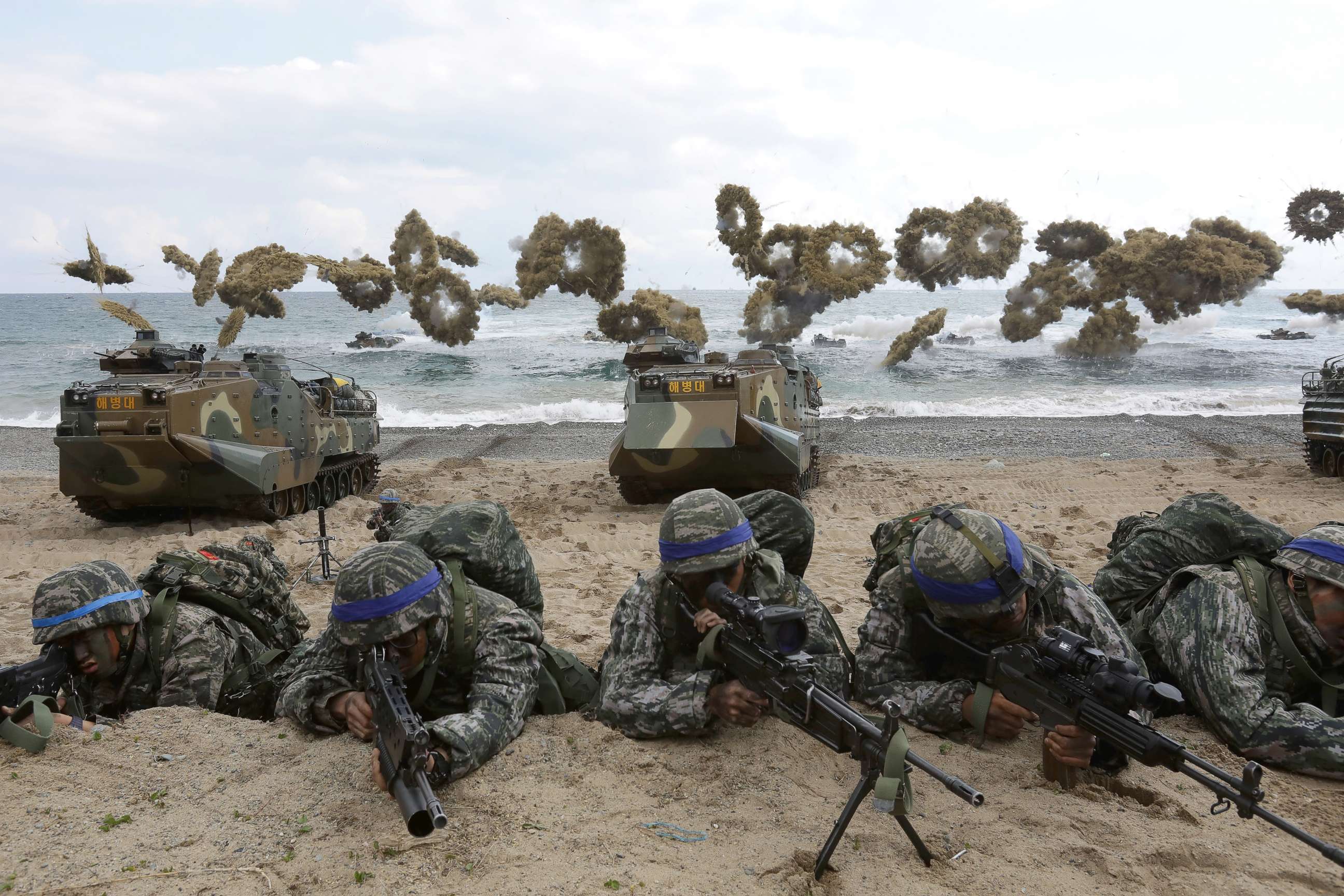 PHOTO: South Korean marines participate in landing operation referred to as Foal Eagle joint military exercise with U.S. troops Pohang seashore, on April 2, 2017, in Pohang, South Korea.