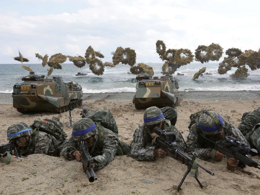 PHOTO: South Korean marines participate in landing operation referred to as Foal Eagle joint military exercise with U.S. troops Pohang seashore, on April 2, 2017, in Pohang, South Korea.