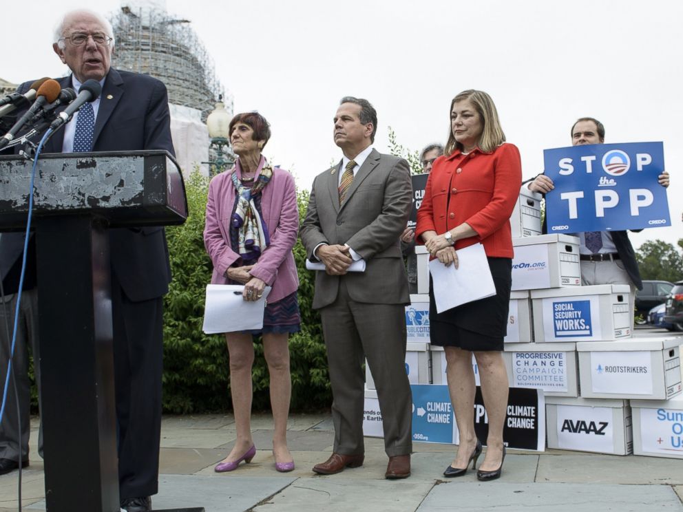 PHOTO: Democratic presidential candidate Senator Bernie Sanders (I-VT) speaks during an event on the Trans Pacific Partnership on Capitol Hill June 3, 2015 in Washington, DC.