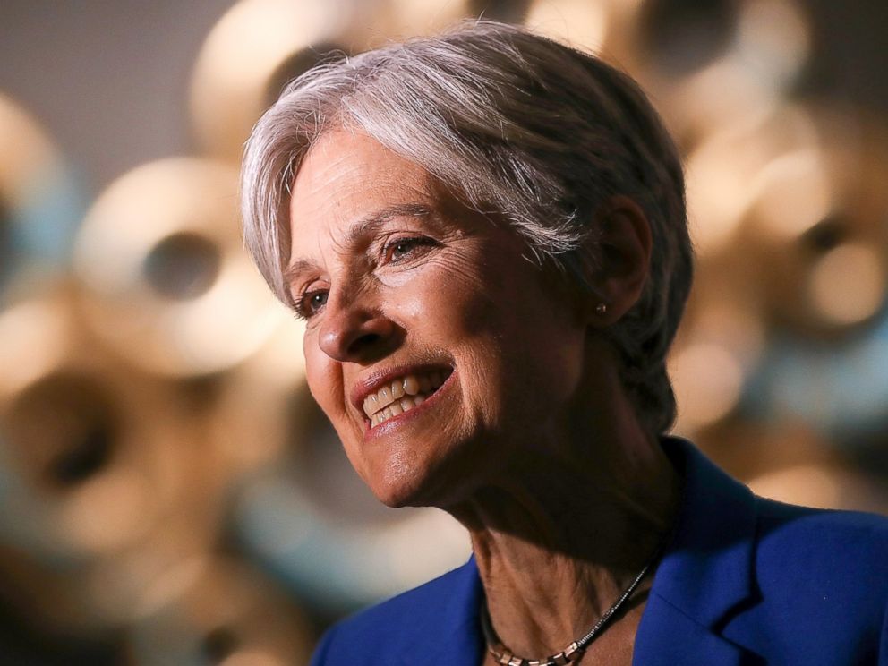 PHOTO: Green party nominee Jill Stein speaks to members of the press before the start of a campaign rally at the Hostos Center for the Arts & Culture on Oct. 12, 2016 in New York City.