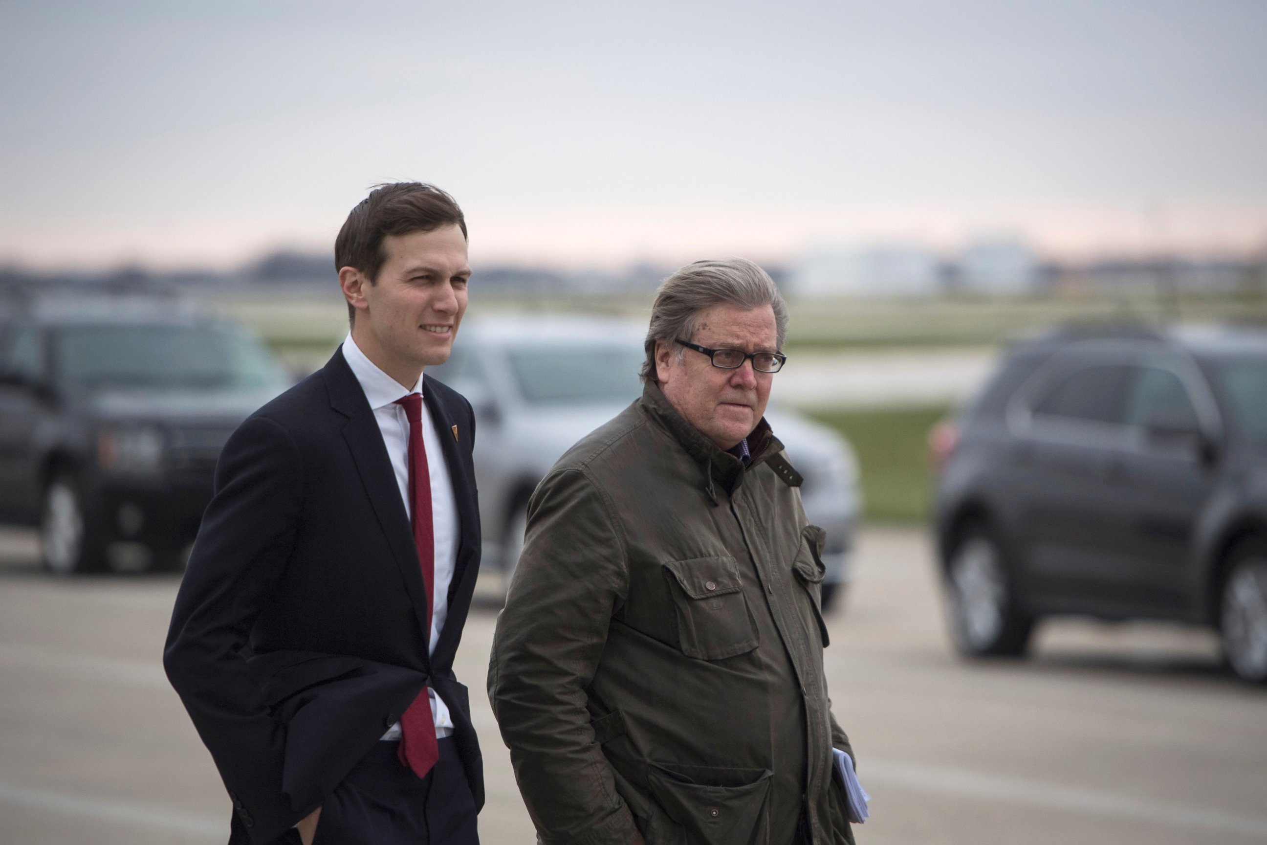 PHOTO: Stephen Bannon and Jared Kushner disembark President-elect Donald Trump's plane as they make their way to Carrier Corporation in Indianapolis, Indiana, on Dec. 1, 2016. 