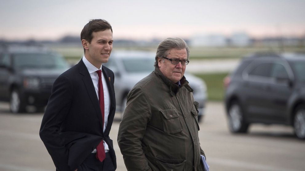 PHOTO: Stephen Bannon and Jared Kushner disembark President-elect Donald Trump's plane as they make their way to Carrier Corporation in Indianapolis, Indiana, on Dec. 1, 2016. 