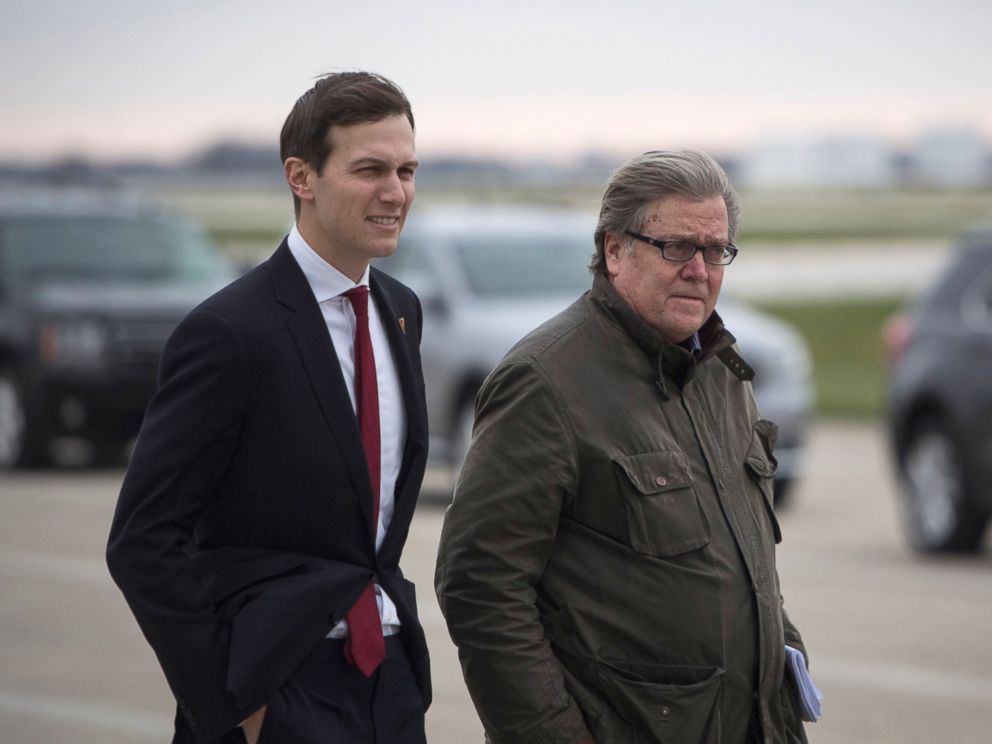 PHOTO: Stephen Bannon and Jared Kushner disembark President-elect Donald Trumps plane as they make their way to Carrier Corporation in Indianapolis, Indiana, on Dec. 1, 2016.