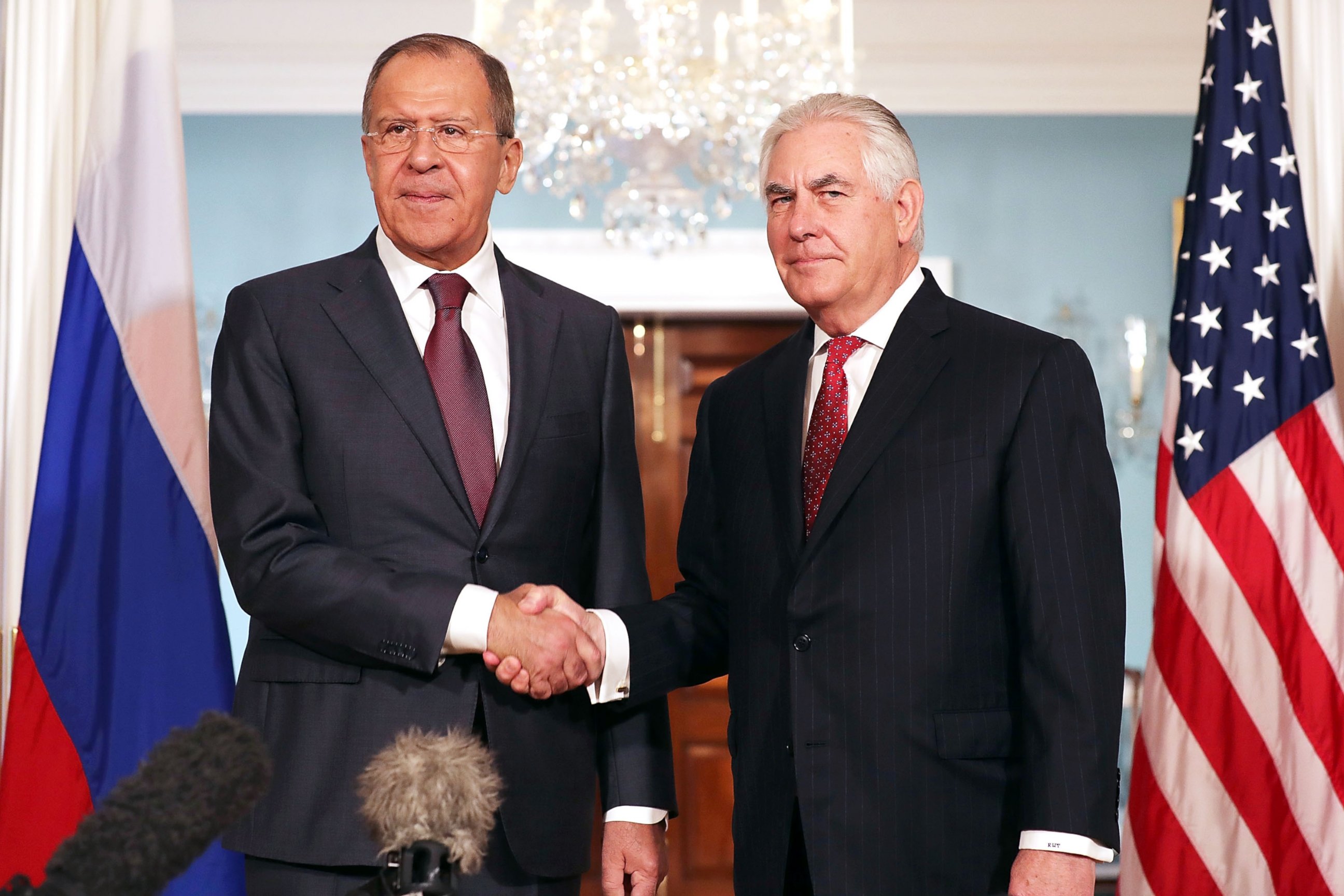 PHOTO: Russian Foreign Minister Sergey Lavrov (L) and U.S. Secretary of State Rex Tillerson shake hands in the Treaty Room before heading into meetings at the State Department, May 10, 2017, in Washington.