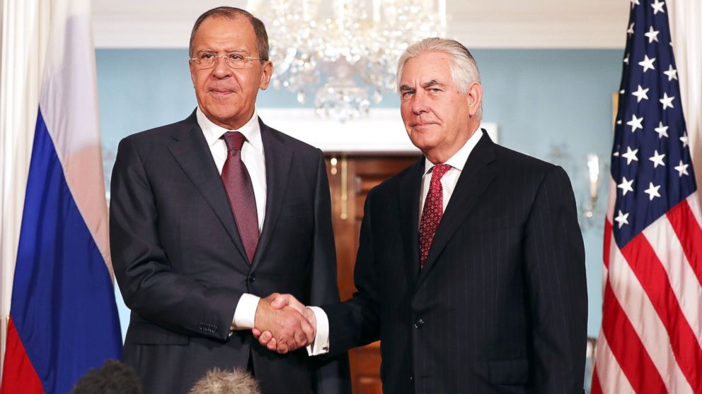 PHOTO: Russian Foreign Minister Sergey Lavrov (L) and U.S. Secretary of State Rex Tillerson shake hands in the Treaty Room before heading into meetings at the State Department, May 10, 2017, in Washington.