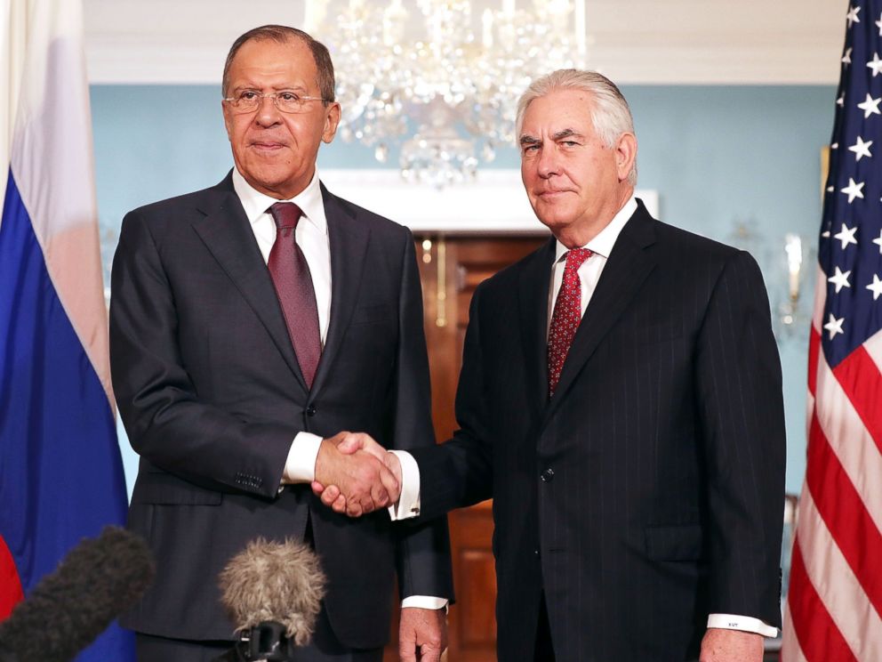 PHOTO: Russian Foreign Minister Sergey Lavrov (L) and U.S. Secretary of State Rex Tillerson shake hands in the Treaty Room before heading into meetings at the State Department, May 10, 2017, in Washington.
