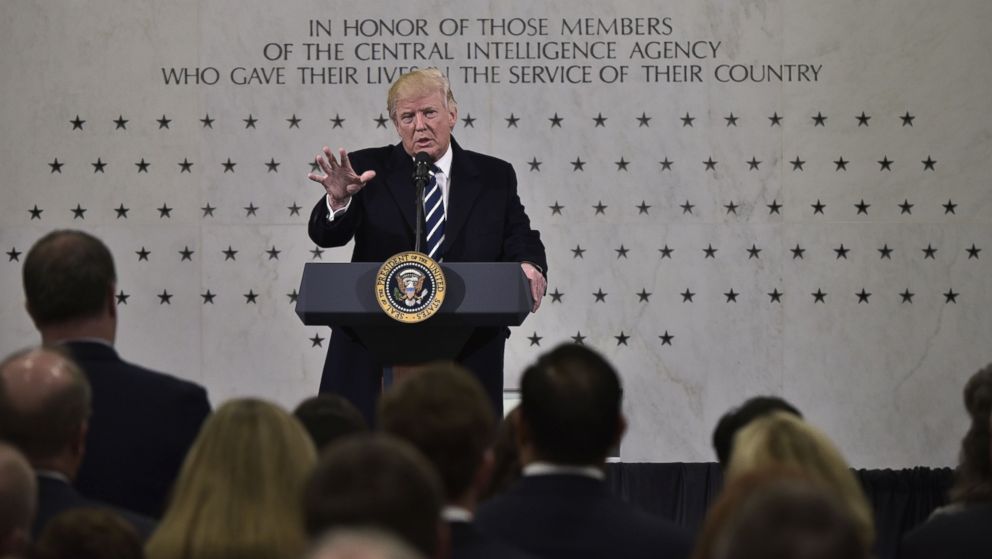 President Donald Trump speaks at CIA Headquarters in Langley, Virginia, on January 21, 2017.

The new president was moving quickly on his first full day in office to confront the simmering tensions left by US intelligence findings that Russia interfered in the US elections to try to tip the outcome in Trump's favor. / AFP PHOTO / MANDEL NGANMANDEL NGAN/AFP/Getty Images